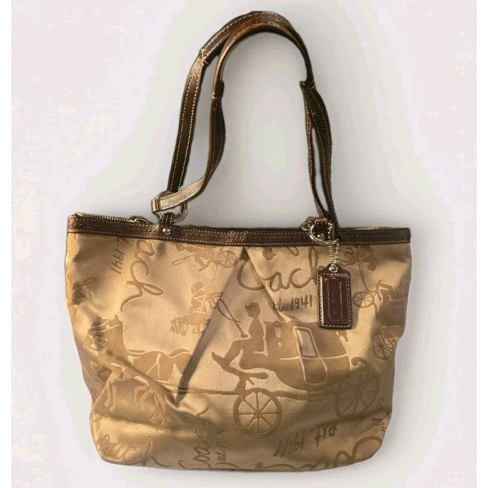 Coach F14483 Storybook Horse & Carriage Jacquard Tote Bag Champagne Gold
